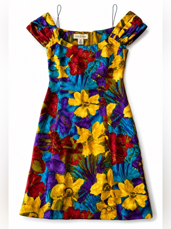 Gillian Dresses & Skirts - Vintage Gillian 100% Silk Tropical Floral Midi Dress Size 10 Off Shoulder Bright